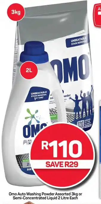 Pick n Pay Hypermarket Omo Auto Washing Powder Assorted 3kg or Semi-Concentrated Liquid 2 Litre Each offer