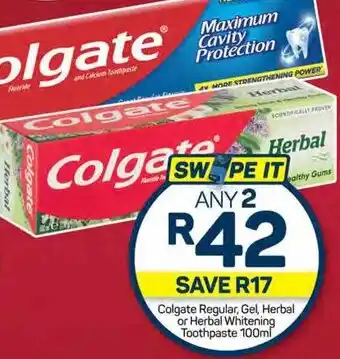 Pick n Pay Hypermarket Colgate Regular, Gel, Herbal or Herbal Whitening Toothpaste 100ml offer