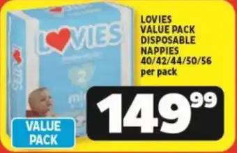 Usave LOVIES VALUE PACK DISPOSABLE NAPPIES 40/42/44/50/56 per pack offer