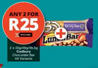 Checkers 2 x 40g/48g/48,5g Cadbury Chocolate Bar All Variants offer