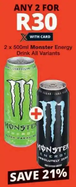 Checkers 2 x 500ml Monster Energy Drink All Variants offer