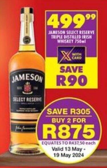 JAMESON SELECT RESERVE TRIPLE DISTILLED IRISH WHISKEY 750ml offer at ...