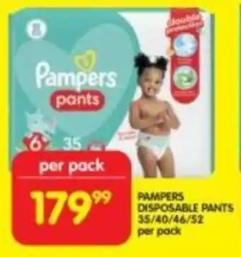 Shoprite PAMPERS DISPOSABLE PANTS 35/40/46/52 per pack offer