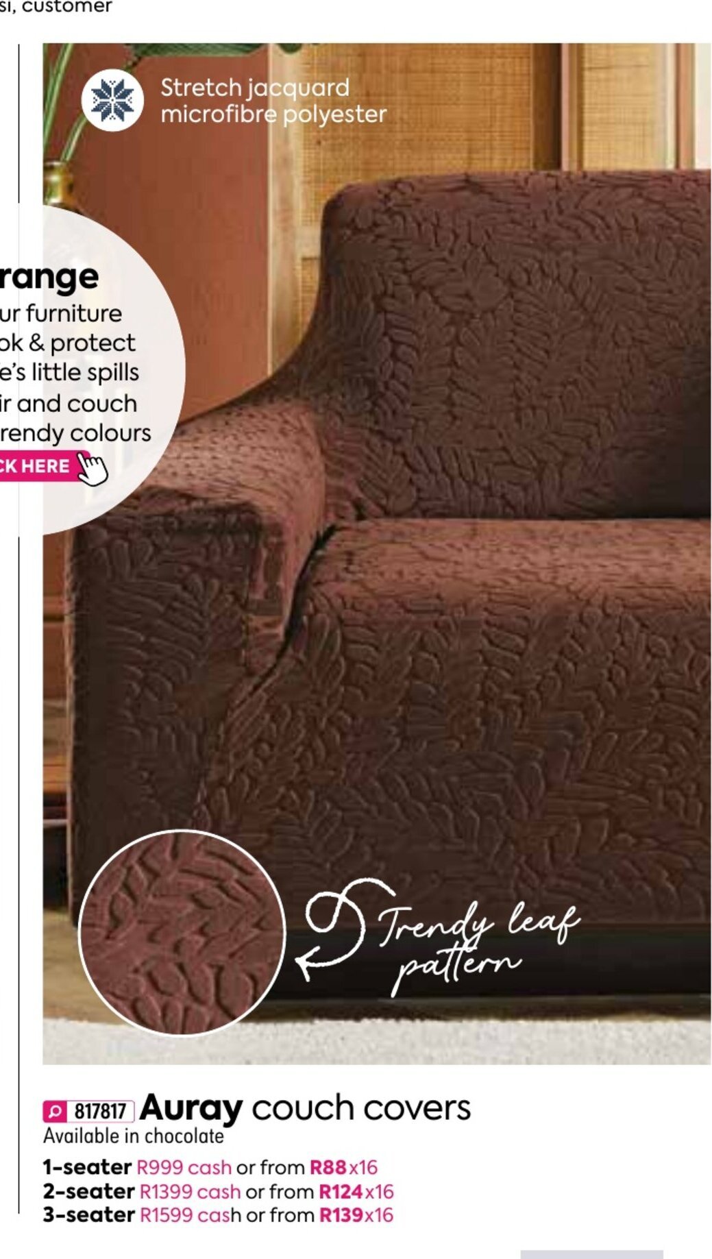 Auray Couch Covers 1Seater offer at HomeChoice