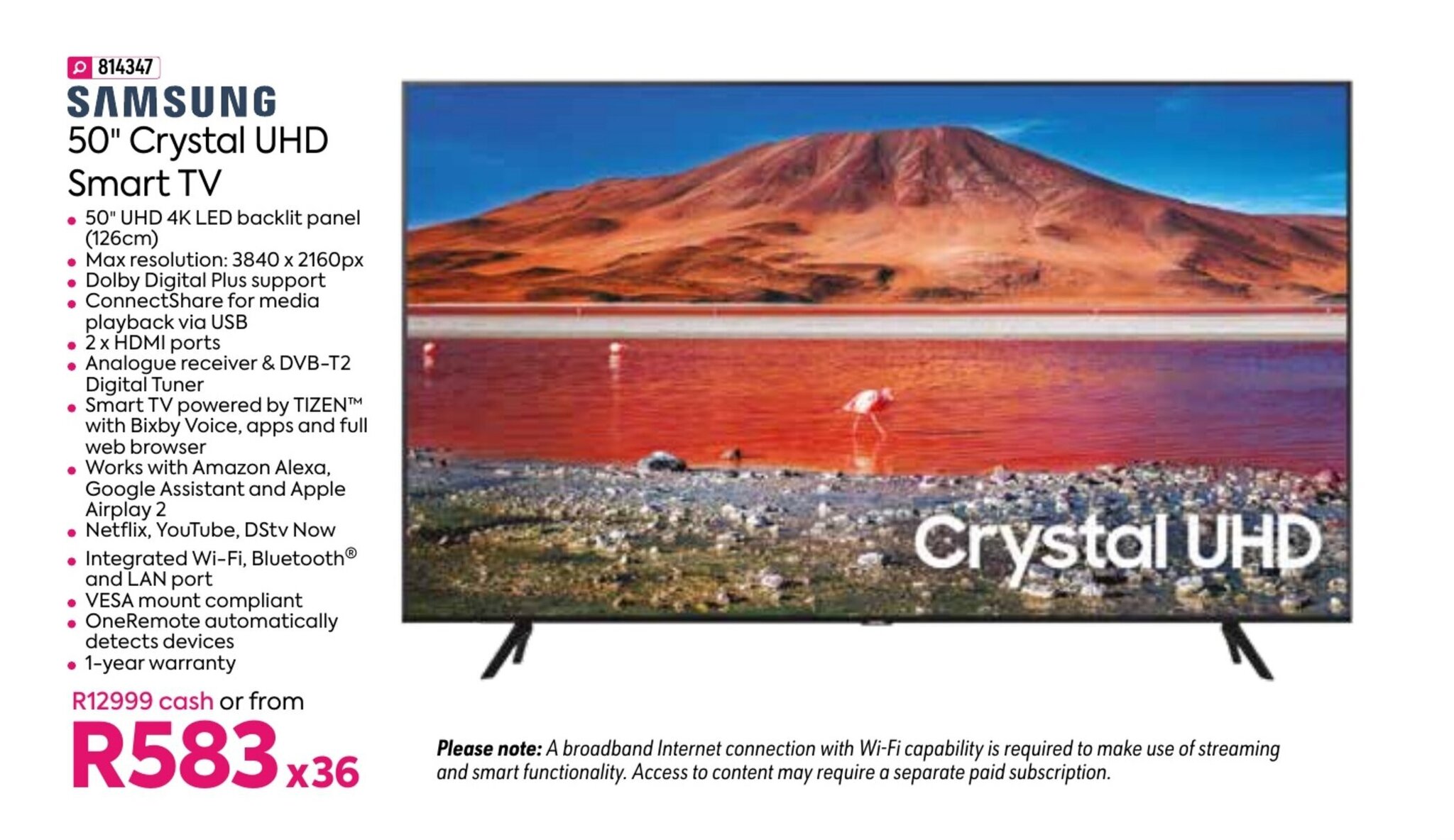 Samsung 50" Crystal UHD Smart TV offer at HomeChoice