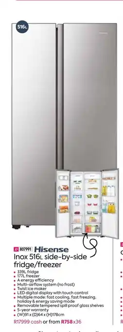 HomeChoice Hisense - INox 516L Side by Side Fridge / Freezer offer