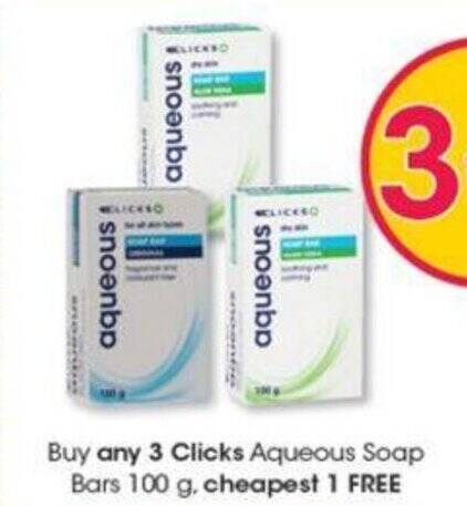 Buy any 3 Clicks Aqueous Soap Bars 100 g, cheapest 1 FREE offer at Clicks