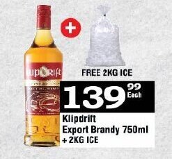 Oxford Freshmarket Klipdrift Export Brandy 750ml + 2kg Ice offer