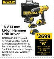 Builders Warehouse Dewalt 18V 13mm Li-lon Hammer Drill Driver DCD776S3-ZA offer