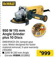 Builders Warehouse Dewalt 950W 115mm Angle Grinder Plus 10 Discs DWE4114CD-ZA offer