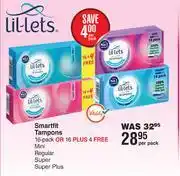 Dis-Chem Lil-Lets Smartfit Tampons 16 Pack Or 16 Plus 4 Free Mini, Regular, Super, Super Plus-Per Pack offer