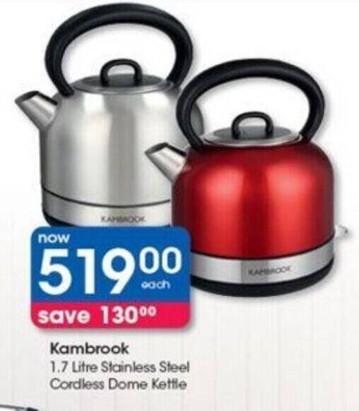 Kambrook 1.7 Litre Stainless Steel Cordless Dome Kettle offer at Clicks