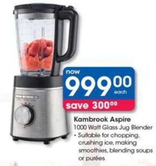 Kambrook Aspire 1000 Watt Glass Jug Blender offer at Clicks