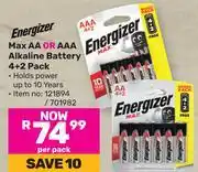 Game Energizer Max AA Or AAA Alkaline Battery 4 + 2 Pack offer