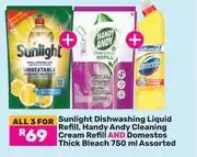 Game Sunlight Dishwashing Liquid Refill,Handy Andy Cleaning Cream Refill & Domestos Thick Bleach-3x750ml offer