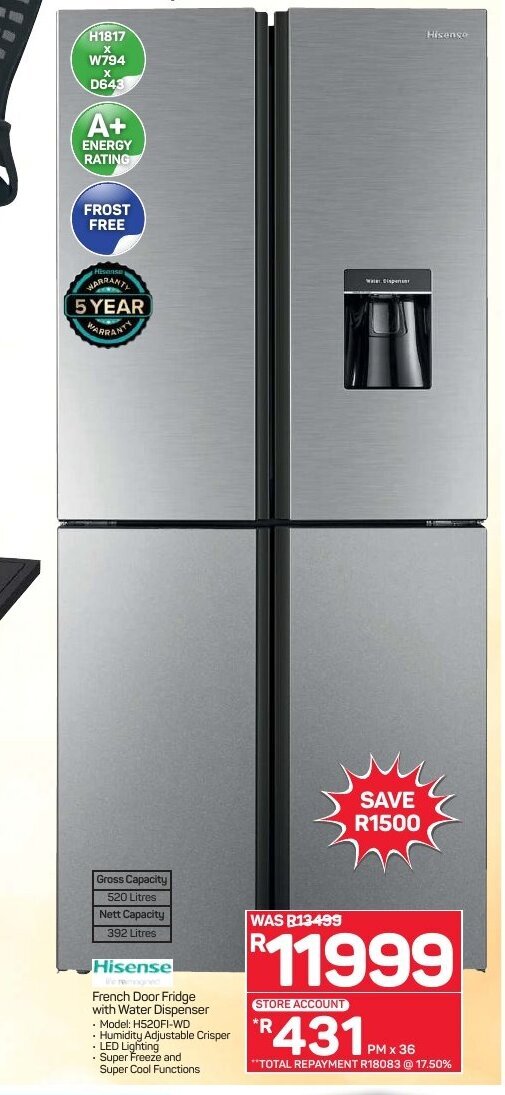 Hisense French Door Fridge with Water Dispenser offer at Pick n Pay