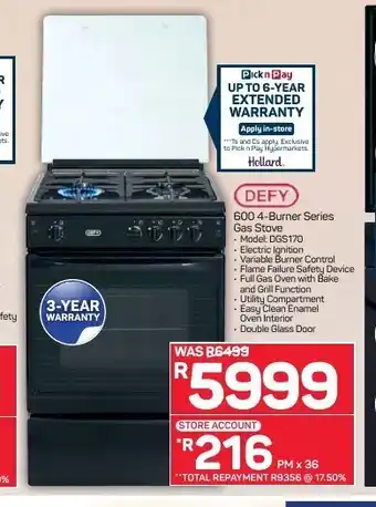 Pick n Pay Hypermarket Defy - 600 4-Burner Series Gas Stove offer