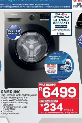 Pick n Pay Hypermarket Samsung - 7kg Metallic Front Loader Hygiene Steam Washing Machine offer