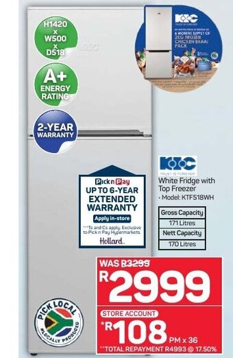 Pick n Pay Hypermarket KIC - White Fridge With Top Freezer offer