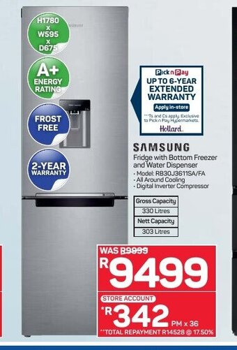 Pick n Pay Hypermarket Samsung - Fridge with Bottom Freezer and Water Dispenser offer