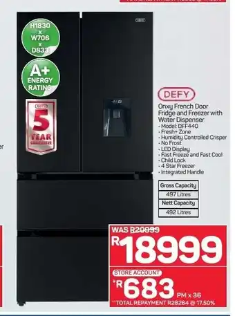 Pick n Pay Hypermarket Defy - Onxy French Door Fridge and Freezer with Water Dispenser offer
