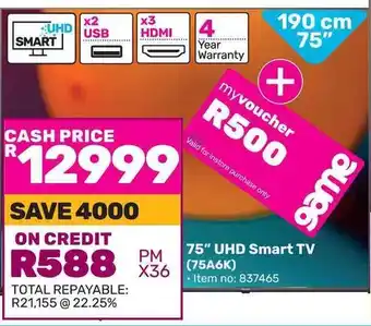 Game Hisense 75" UHD Smart TV (75A6K) offer