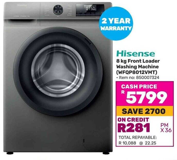 Hisense 8 kg Front Loader Washing Machine (WFQP8012VMT) offer at Game