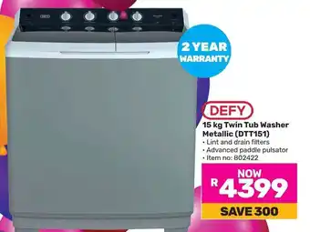 Game DEFY 15 kg Twin Tub Washer Metallic (DTT151) offer