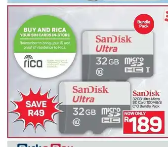 Pick n Pay Hypermarket SanDisk 32GB Ultra Micro SD Card 100MB/S C10 Bundle Pacl offer