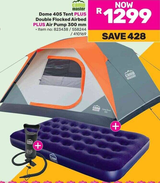 camp master Dome 405 Tent PLUS Double Flocked Airbed PLUS Air Pump 300 ...