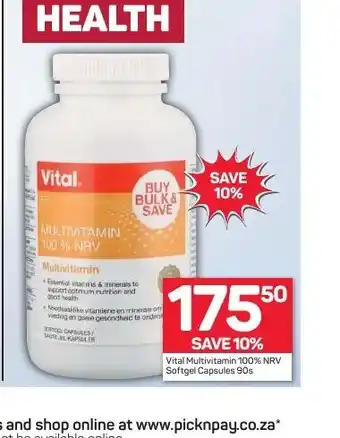 Pick n Pay Hypermarket Vital Multivitamin 100% NRV Softgel Capsules 90s offer