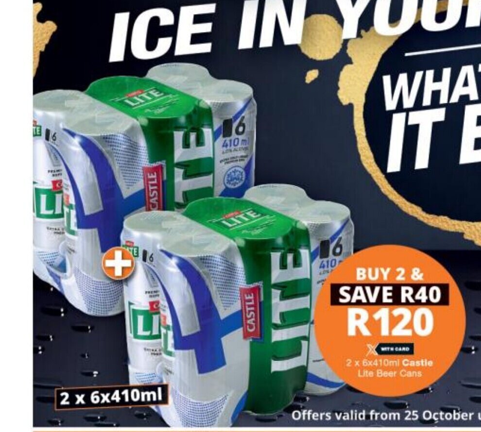 Castle Lite Beer Cans 2 x 6x410ml offer at Checkers Liquor Shop