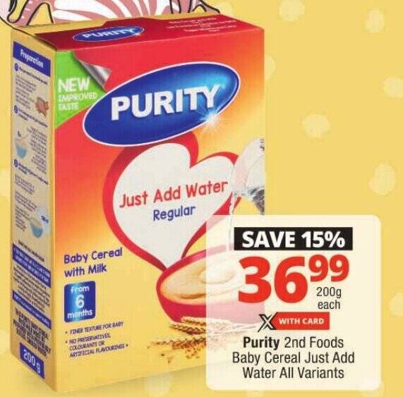 Purity 2nd Foods Baby Cereal Just Add Water All Variants offer at Checkers