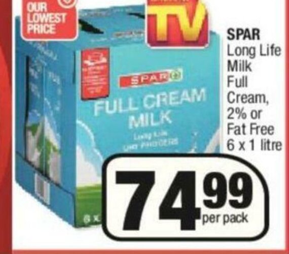 Spar Long Life Milk Full Cream 2 or Fat Free 6 x 1 Litre offer at KwikSpar