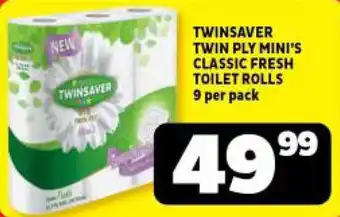 TWINSAVER TWIN PLY MINI'S CLASSIC FRESH TOILET ROLLS 9 per pack