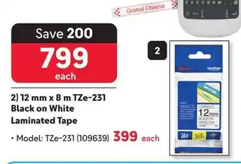 Makro 12mm x 8m TZe-231 Black on White Laminated Tape offer