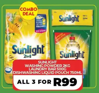 1UP SUNLIGHT WASHING POWDER 2KG, LAUNDRY BAR 500G, DISHWASHING LIQUID POUCH 750ML offer