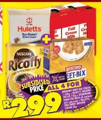Shoprite BOKOMO WEET-BIX CEREAL 1,35kg + RICOFFY INSTANT COFFEE 750g +RITEBRAND LONG LIFE MILK 6x1L +HULETTS SUN SWEET BROWN SUGAR 2kg offer