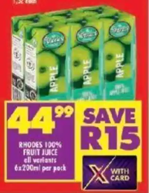 Shoprite RHODES 100% FRUIT JUICE all variants 6x200ml per pack offer