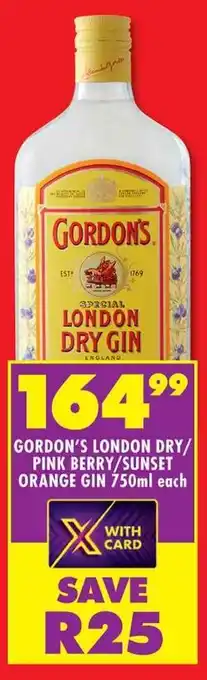 Shoprite GORDON'S LONDON DRY/ PINK BERRY/SUNSET ORANGE GIN 750ml each offer