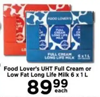 Food Lover's UHT Full Cream or Low Fat Long Life Milk 6 x 1L