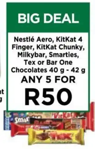 Nestlé Aero, KitKat 4 Finger, KitKat Chunky, Milkybar, Smarties, Tex or Bar One Chocolates 40g - 42g