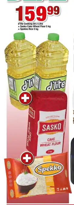OK Foods d'lite Cooking Oil 2 Litre + Sasko Cake Wheat Flour 5kg + Spekko Rice 5kg offer