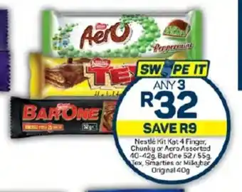 Pick n Pay Nestlé Kit Kat 4 Finger, Chunky or Acro Assorted 40-42g, BarOne 52/55g Tex, Smarties or Milkybar Original 40g offer
