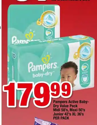 OK Foods Pampers Active Baby-Dry Value Pack Midi 58's, Maxi 50's , Junior 42's XL 36's per pacl offer