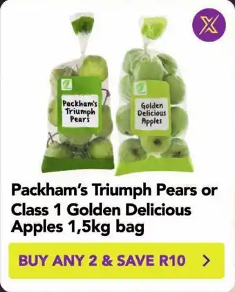 Shoprite Packham's Triumph Pears Class 1 Golden Delicious Apples 1,5kg bag offer