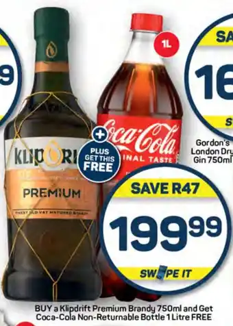 Pick n Pay Liquor BUY a Klipdrift Premium Brandy 750ml and Get Coca-Cola Non-Returnable Bottle 1 Litre FREE offer