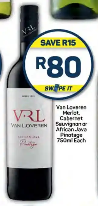 Van Loveren Merlot, Cabernet Sauvignon or African Java Pinotage 750ml Each