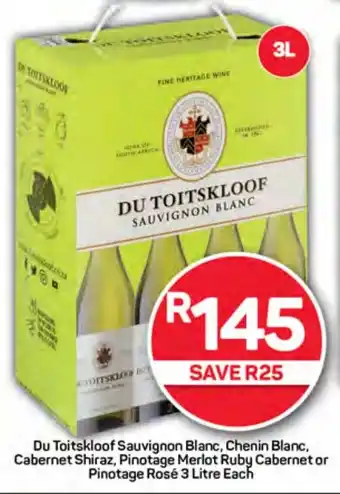 Pick n Pay Liquor Du Toitskloof Sauvignon Blanc, Chenin Blanc, Cabernet Shiraz, Pinotage Merlot Ruby Cabernet or Pinotage Rosé 3 Litre Each offer