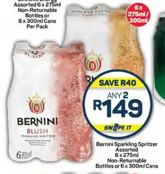 Pick n Pay Bernini Sparkling Spritzer Assorted 6x275ml Non-Returnable Bottles or 6 x 300ml Cans offer